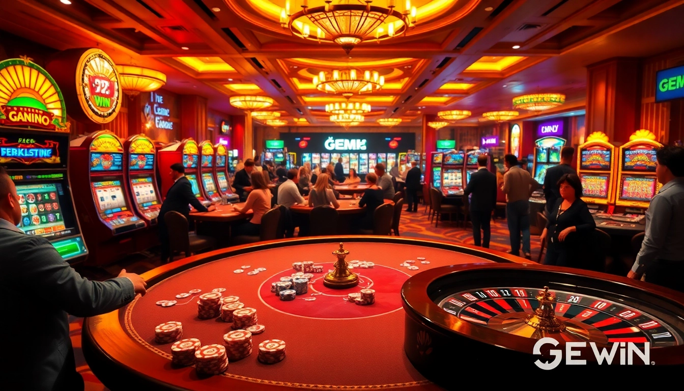 Experience high-stakes gambling action with GEM WIN at a luxurious casino table filled with colorful chips.