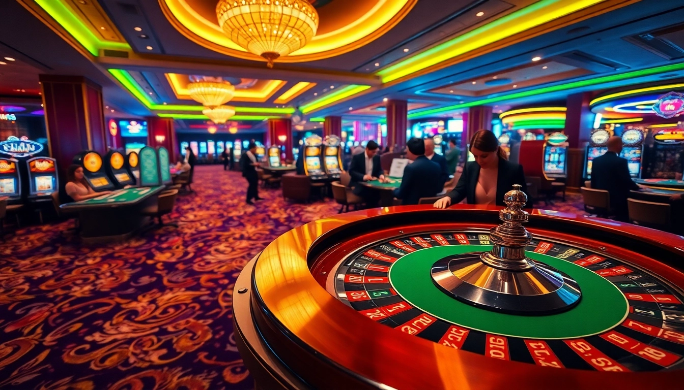 Experience the excitement of gambling at Bl555's luxurious casino with roulette and vibrant players.