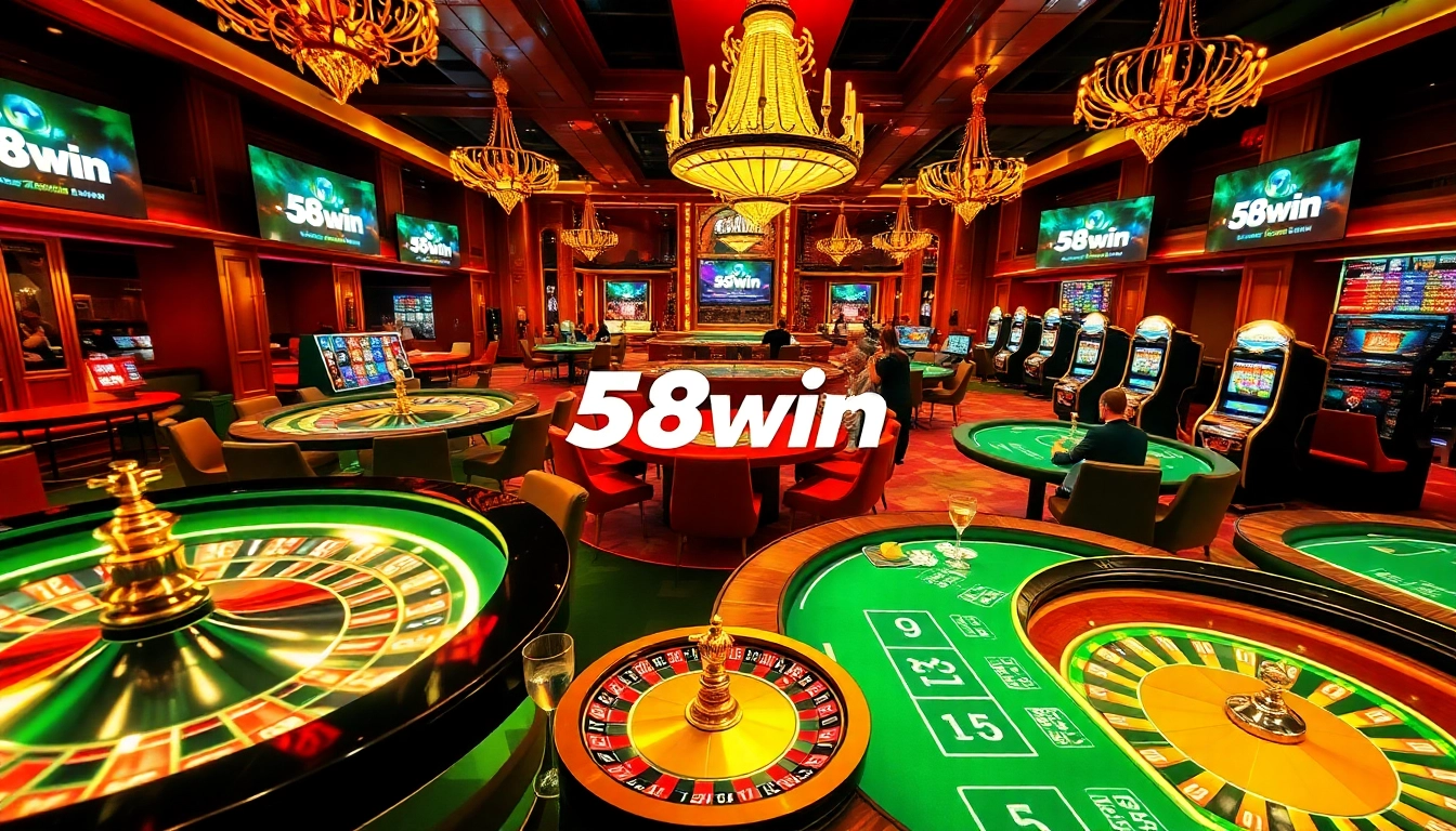 Experience the thrill of 58win as players engage in exciting casino games with vibrant slot machines and poker tables.