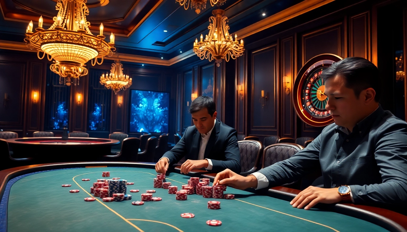 A thrilling poker game scene at nhà cái dr88 featuring luxurious décor and excited players.