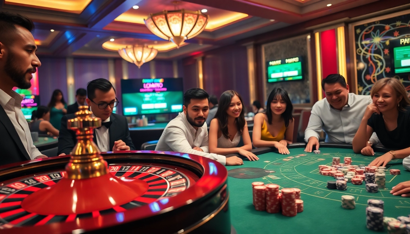 Experience the thrill of JL55 gaming with vibrant roulette and poker tables in a luxurious casino setting.