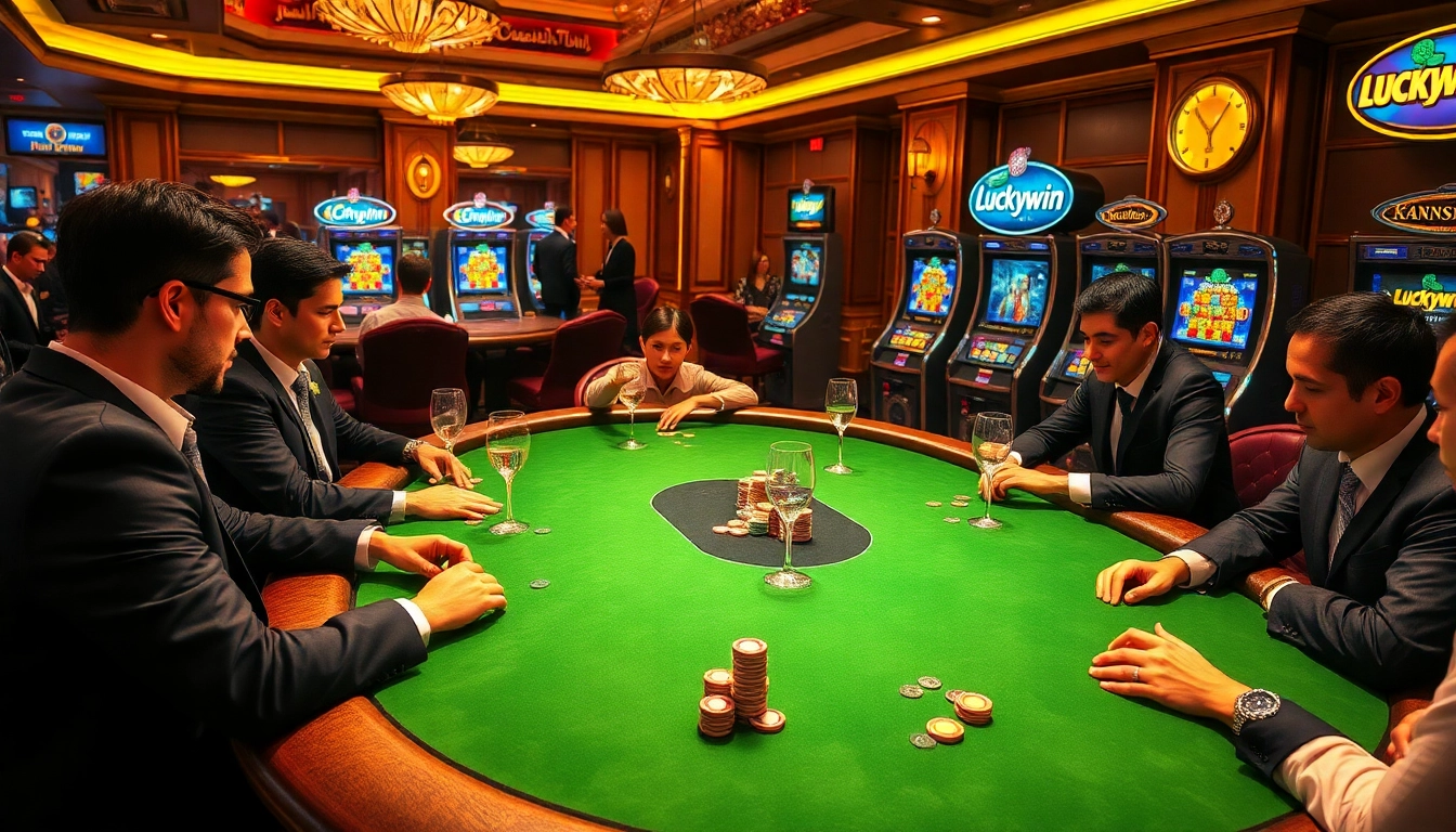 Experience the thrilling atmosphere of Luckywin with professional poker gameplay in a luxurious casino.