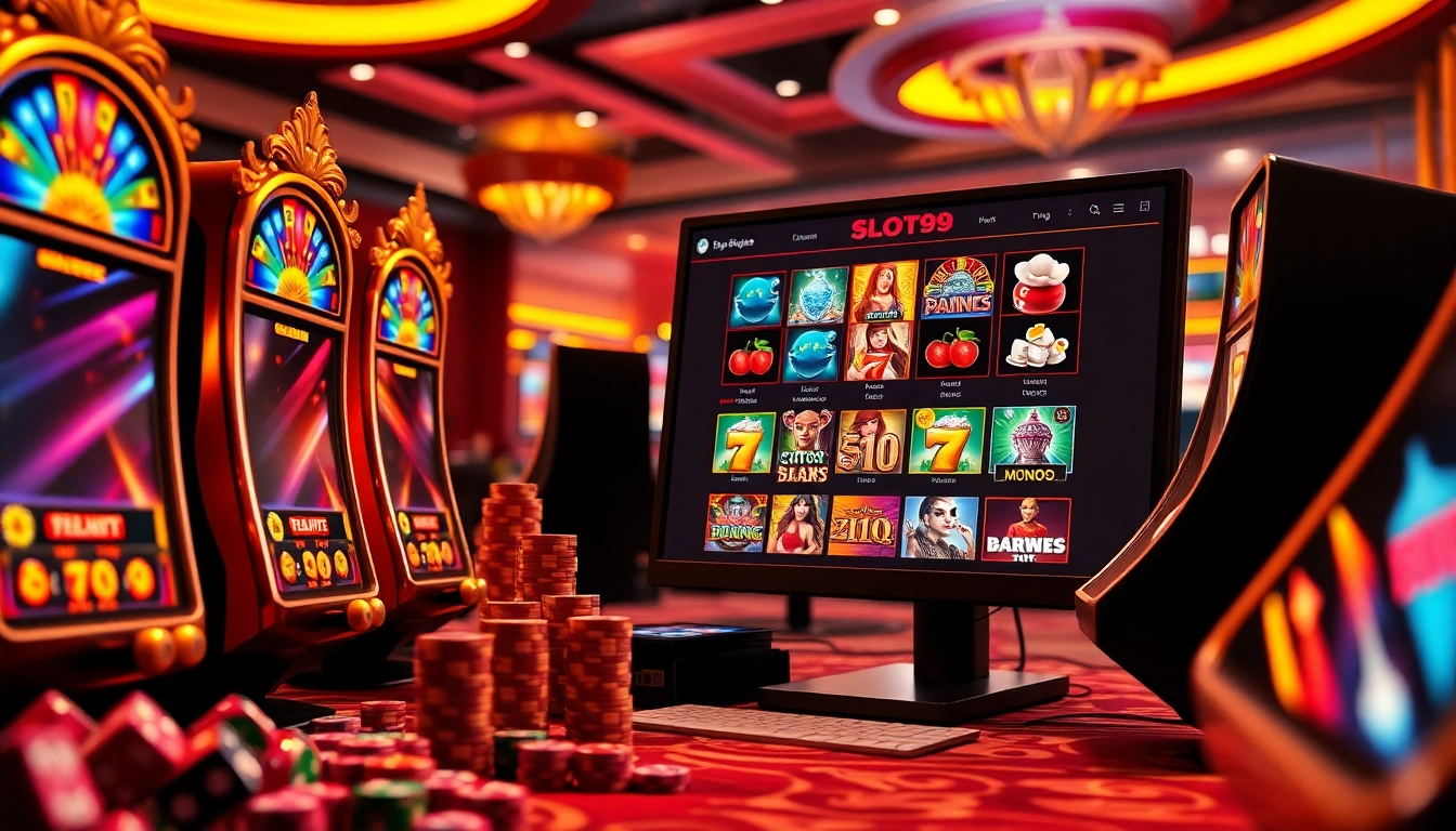 Experience the thrill of SLOT99's online gaming with vibrant slot machines and a luxurious interface.