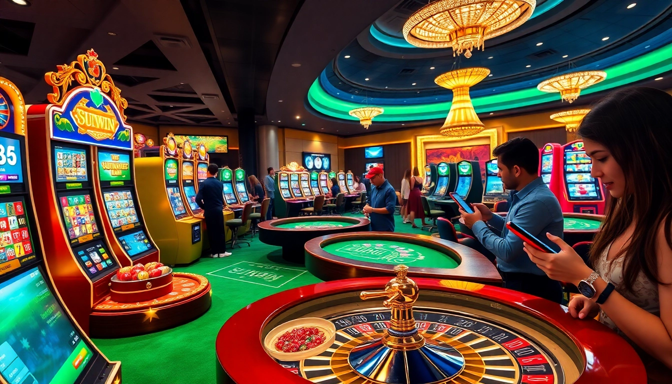Sunwin gamers enjoying a vibrant casino experience with colorful slot machines and poker tables.
