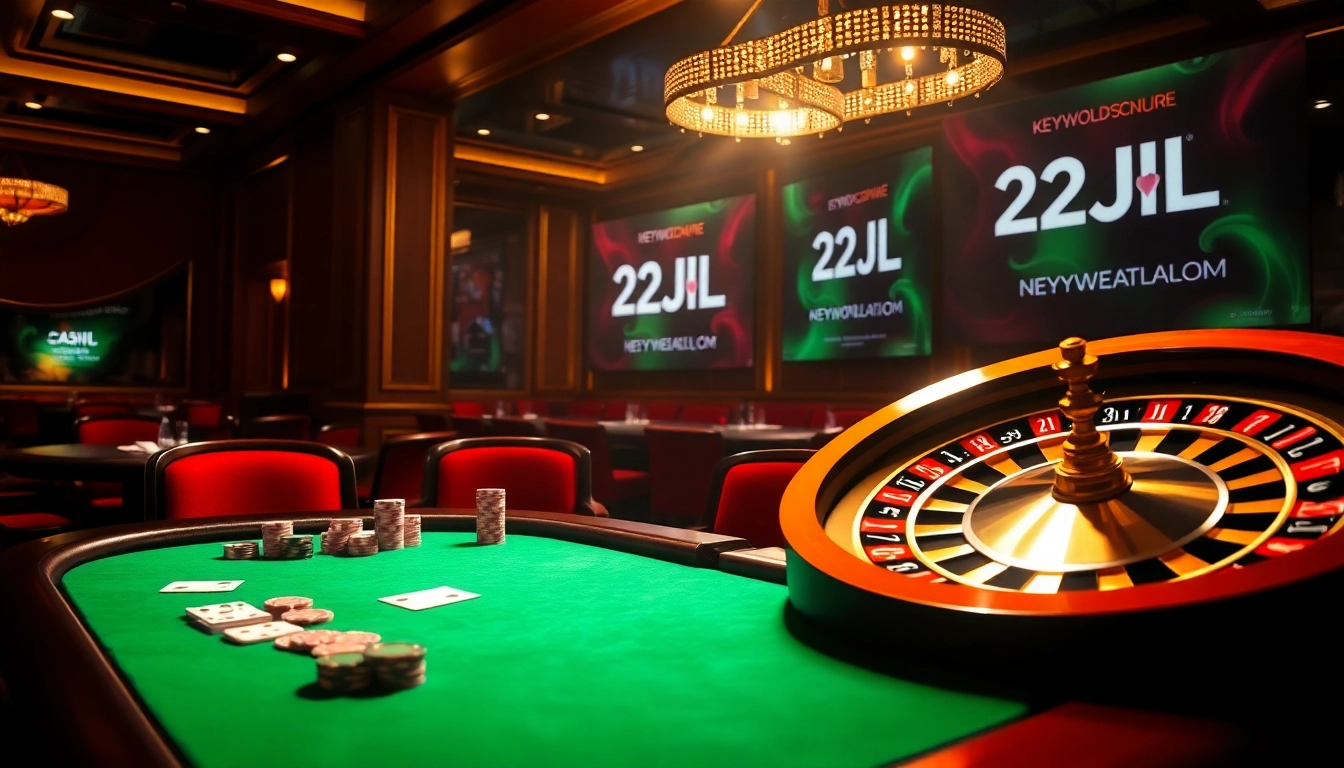 Poker players engaging in a thrilling game at a 22JL casino table with chips and cards.