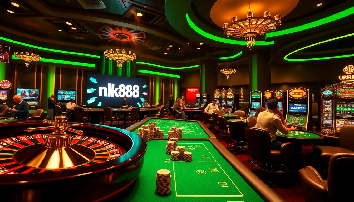 Experience the excitement of nk88 with a vibrant casino scene showcasing roulette and poker action.