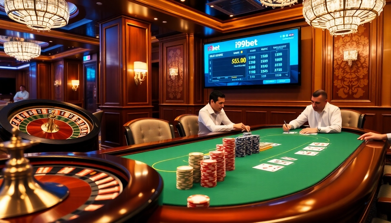 i9bet high-stakes poker action with chips and cards in a luxurious casino setting