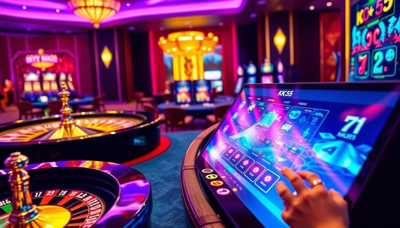 Experience the thrill of KK55 with vibrant casino visuals featuring roulette, poker, and bets.