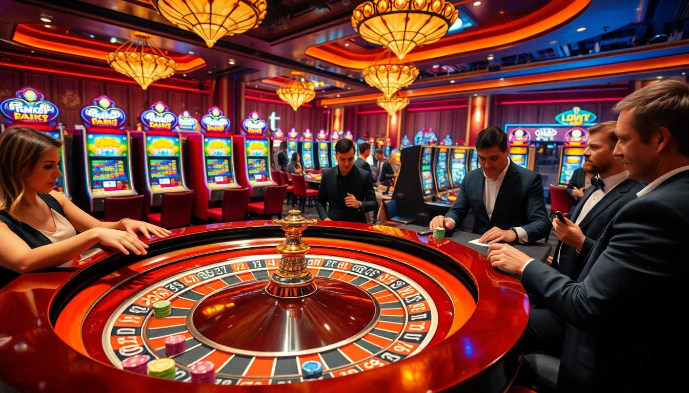Nohu900.dev inviting casino atmosphere with roulette table and eager players.