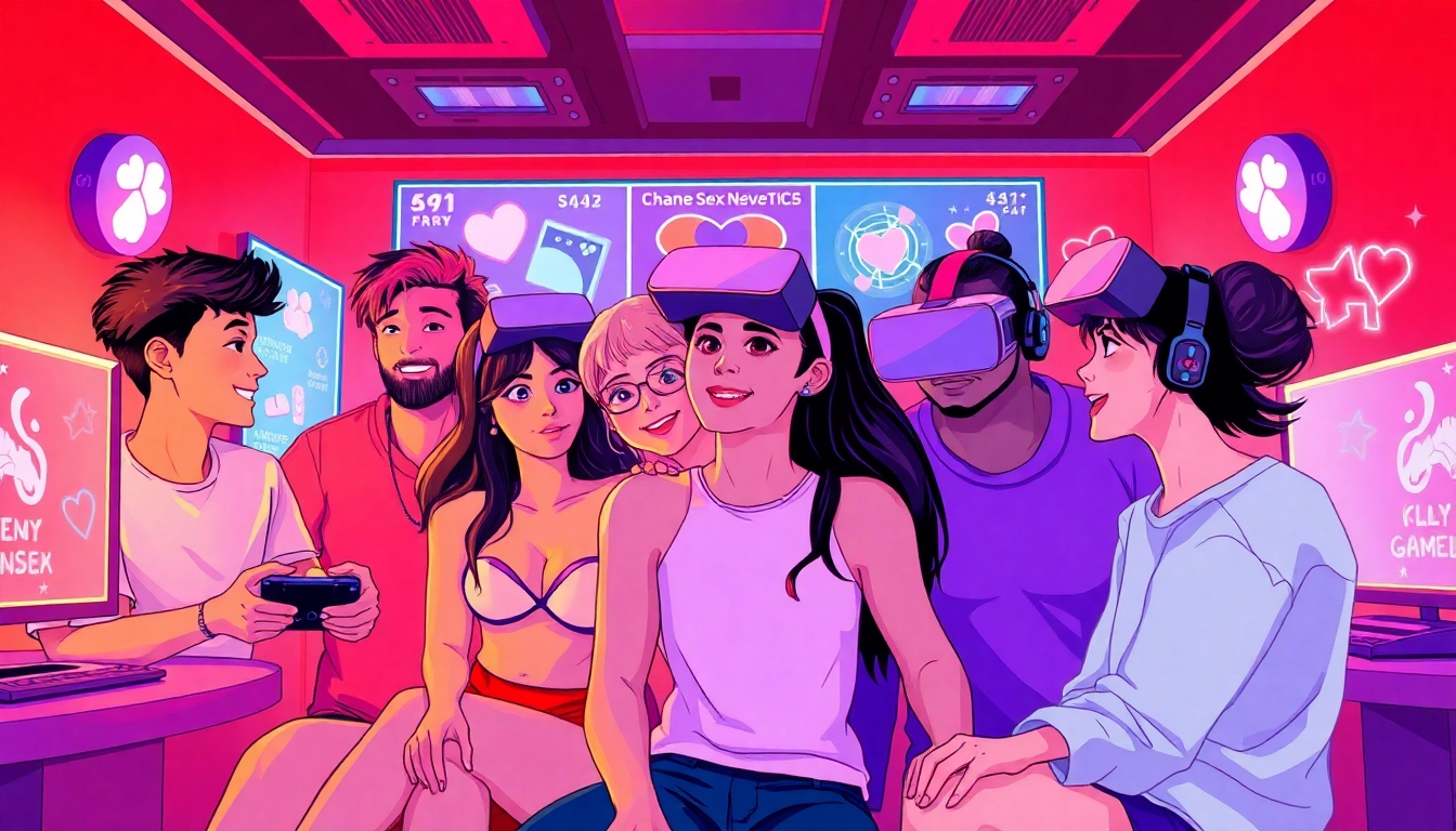 Diverse characters enjoying an exciting sex game experience in a vibrant, playful environment.