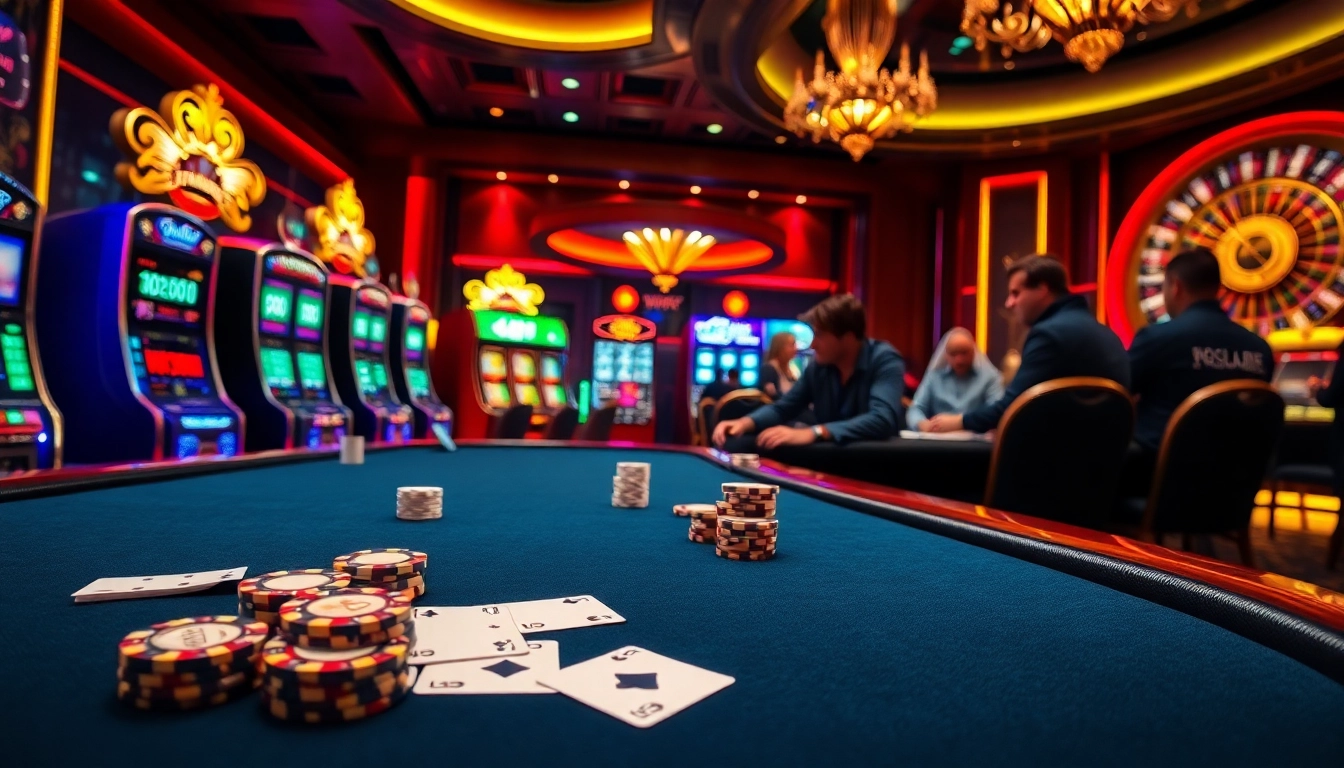 Players enjoying a luxurious casino experience with 555 win at poker tables and slot machines.
