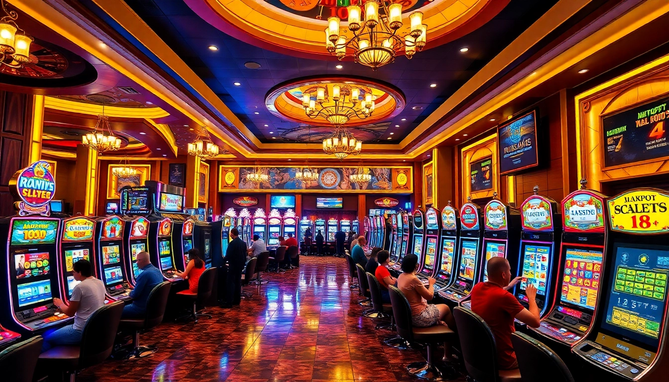 Excited players enjoying various slot machines in a luxurious casino setting.