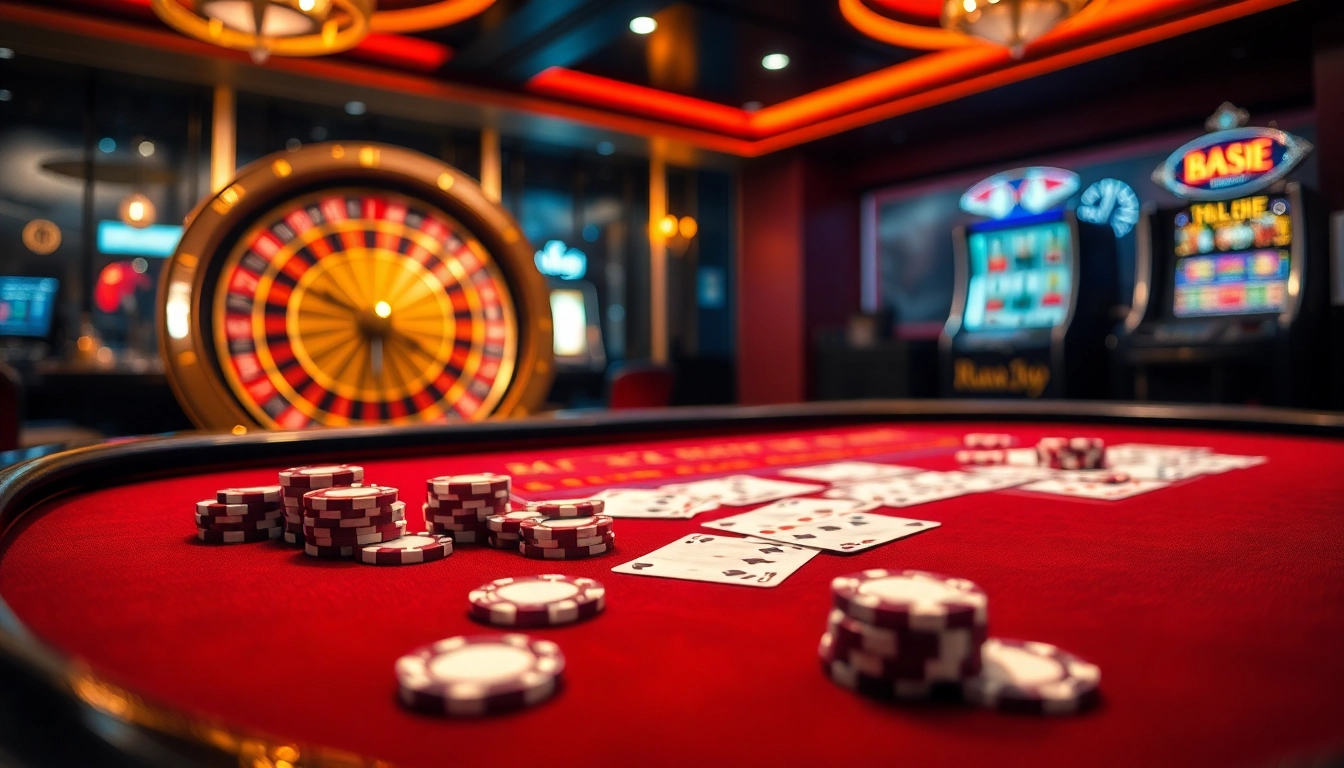 BJ388 poker table with luxurious chips and cards, highlighting thrilling casino action.