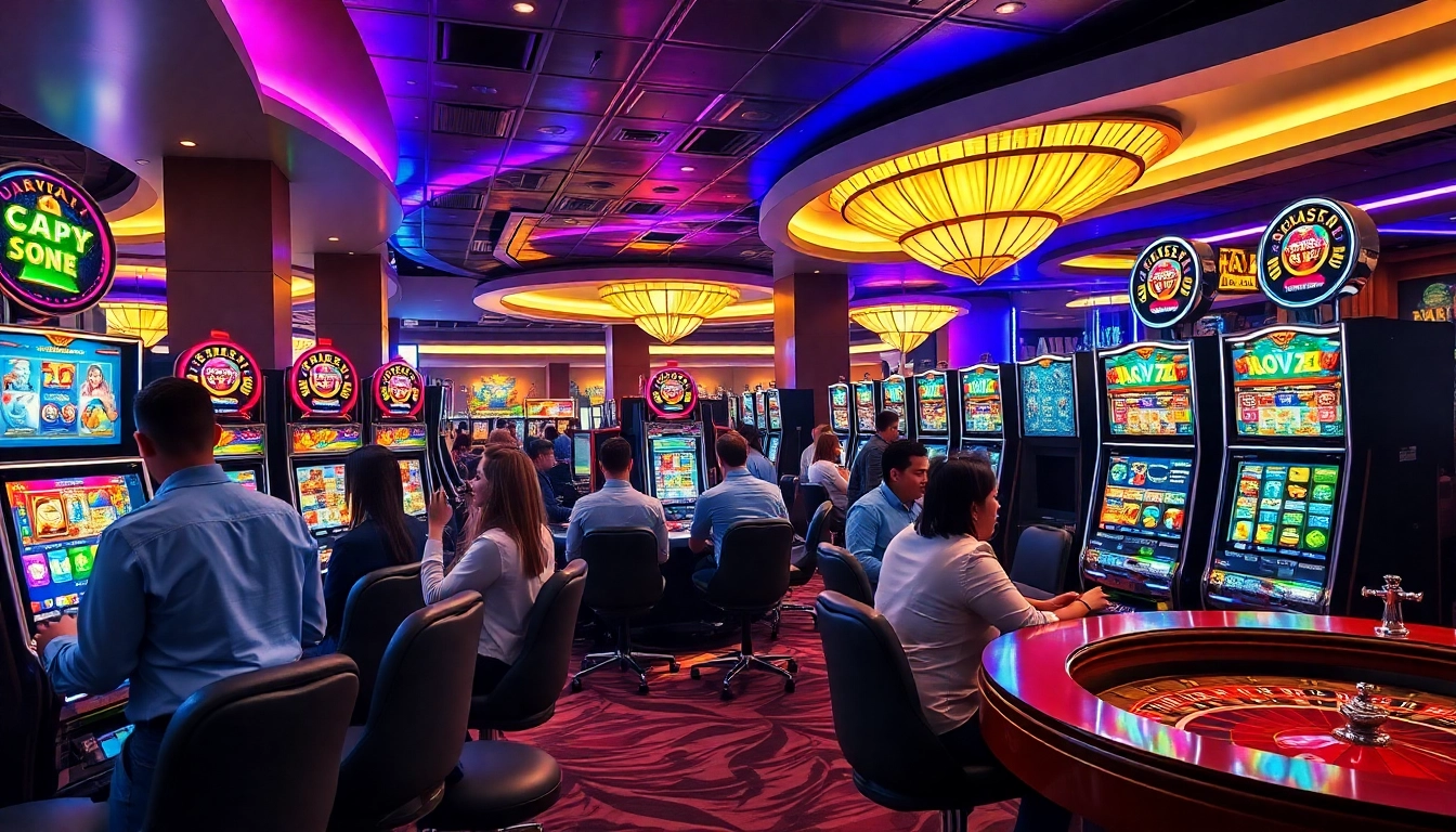 Players engaging with vibrant slot machines in a lively casino environment.