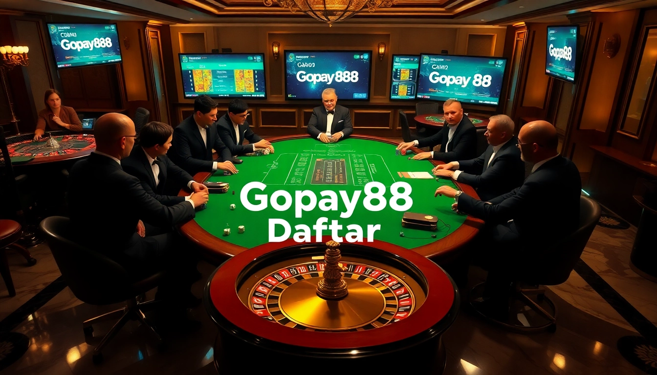 Engaging scene of players at a poker table showcasing Gopay88 Daftar excitement in a luxury casino.