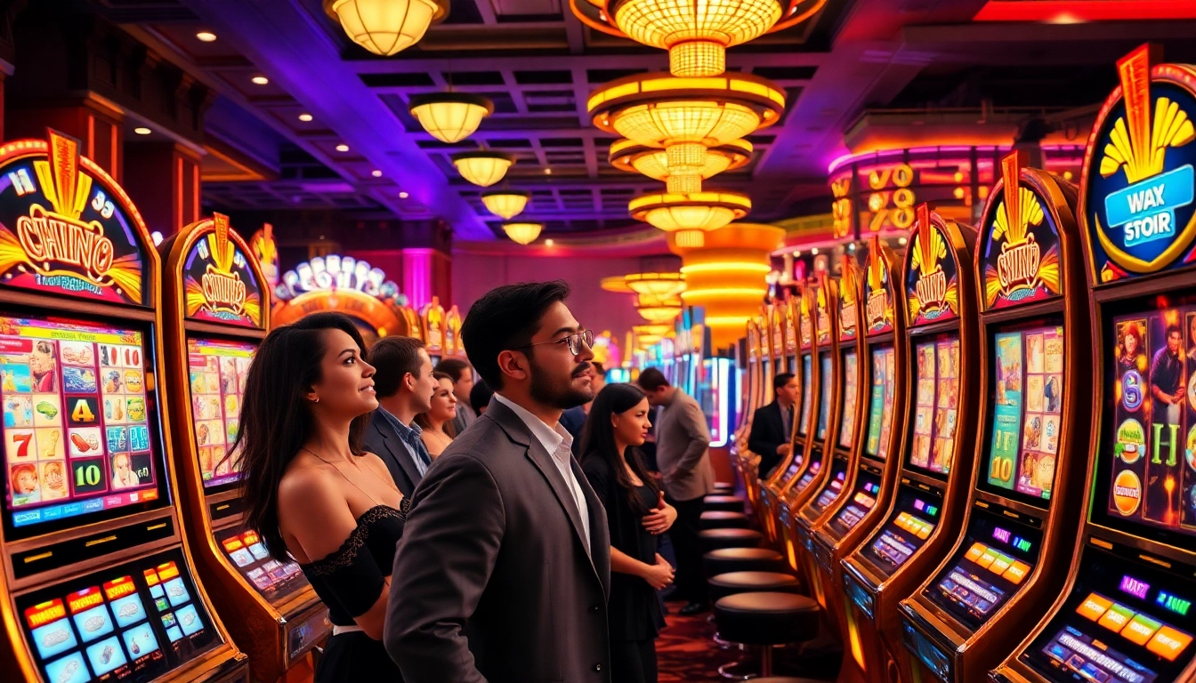 Players engaged at vibrant slot machines in an exciting casino atmosphere.