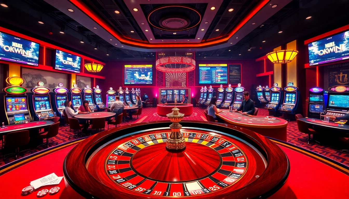 Engage in thrilling games at Nhà Cái OKWIN with a stunning roulette wheel and vibrant casino atmosphere.
