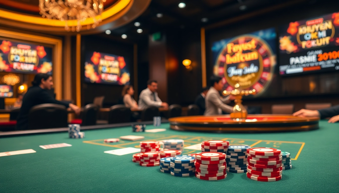 Engaging scene of players enjoying khuyến mãi okfun at a luxurious casino table with roulette and cards.
