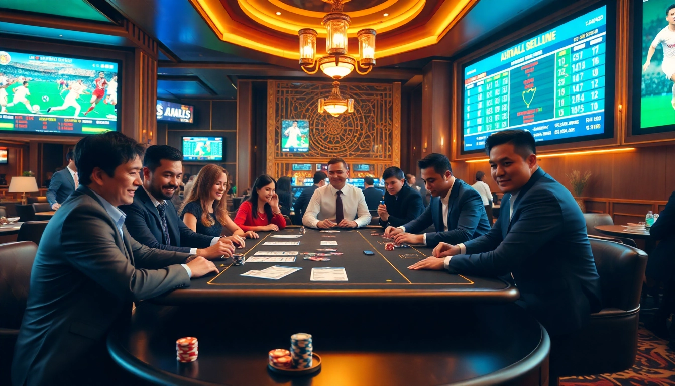 Engaged players analyze tỷ lệ bóng đá malaysia at a stylish casino betting table, capturing the excitement.