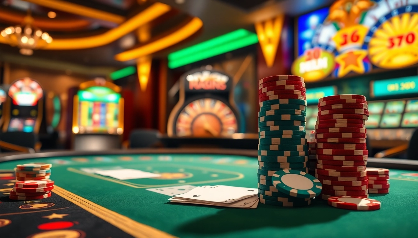 Engage in thrilling gameplay at https://www.eejl33.com/ with colorful cards, chips, and a glamorous casino backdrop.