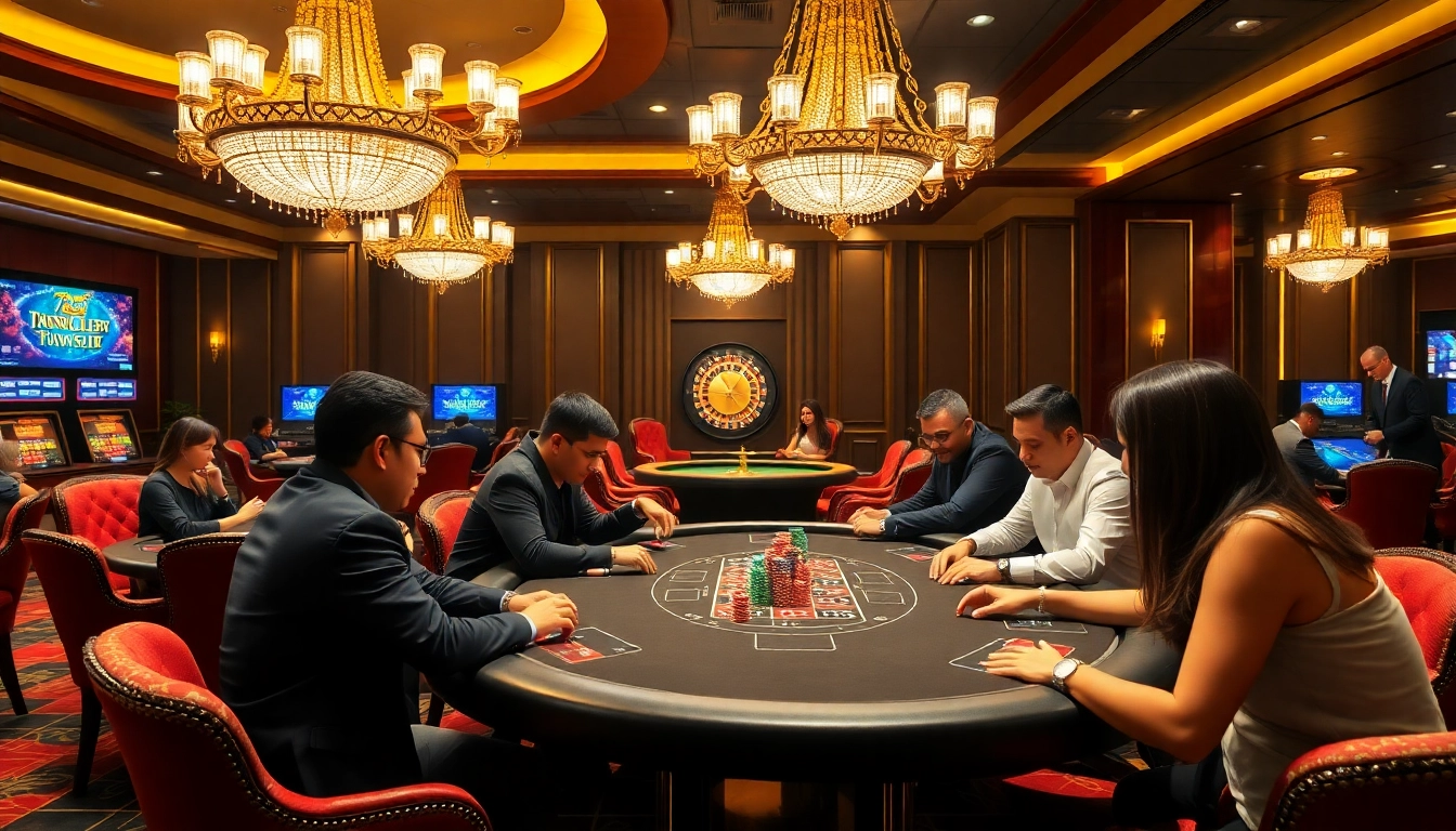 Gamblers enjoying strategic gameplay at 789CLUB's luxurious casino tables.
