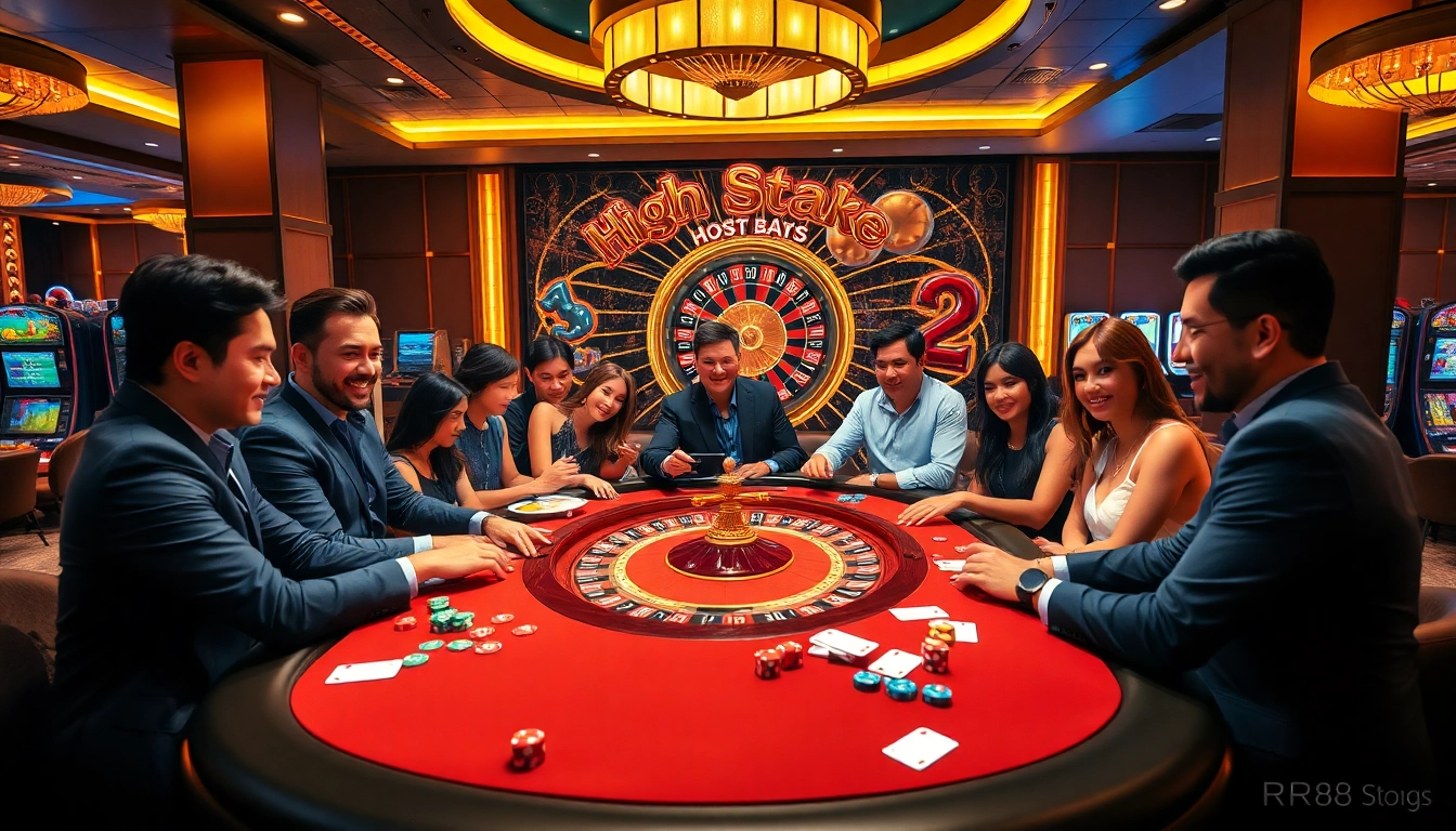 Excited gamblers enjoying a game of poker at RR88's luxurious casino.