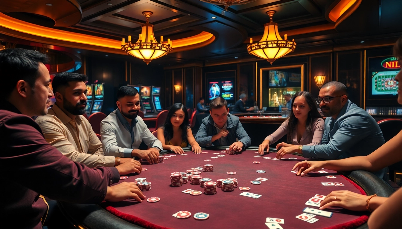 Exciting poker action at kubet88 casino with players, chips, and cards.