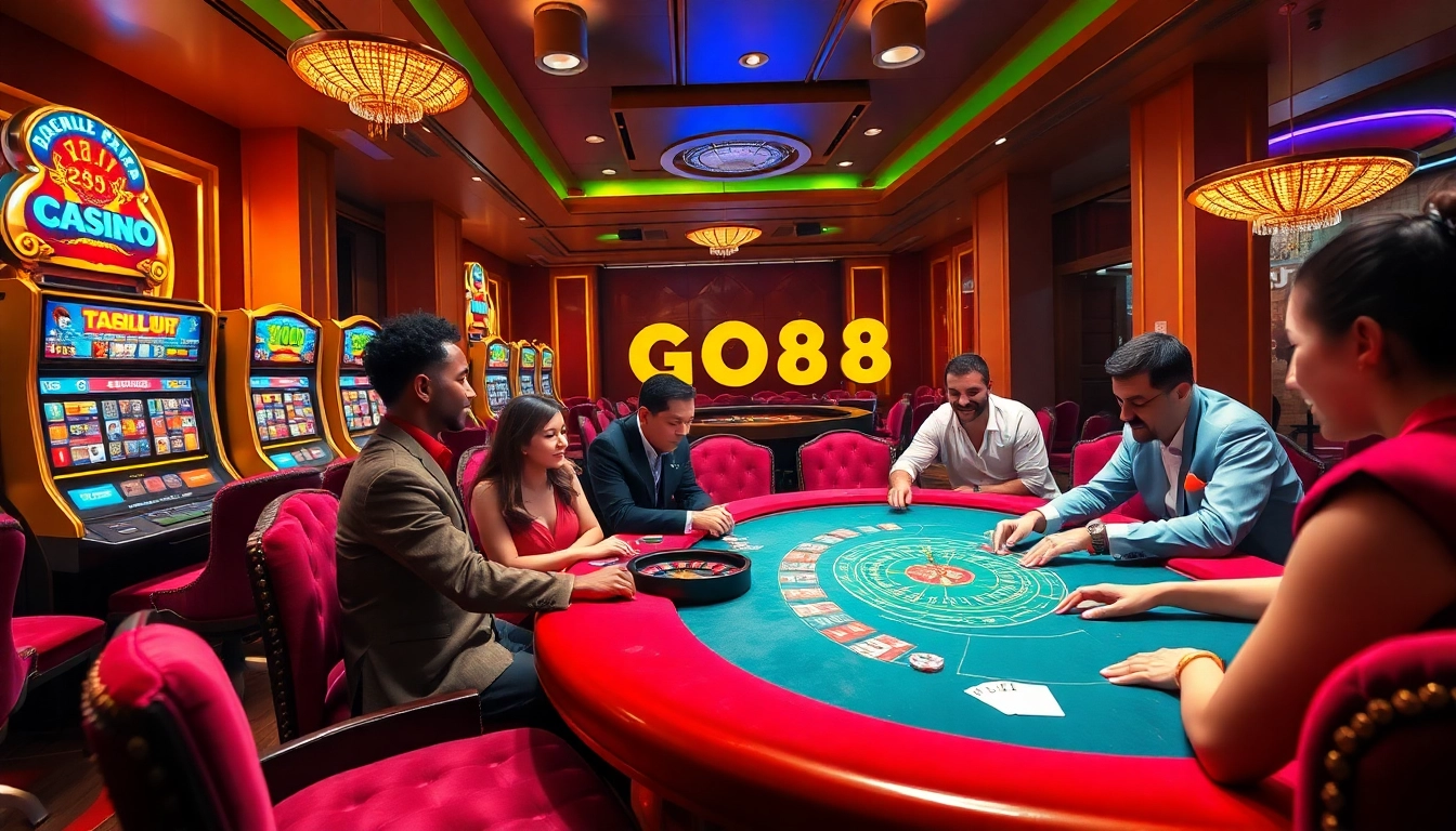Experience the thrill at GO88 with players engaging in poker amidst a luxurious casino atmosphere.