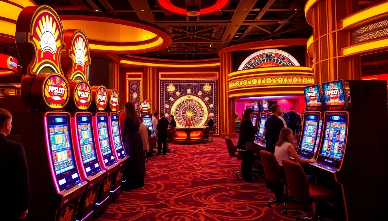Players celebrating a big win at a PGSLOT machine in a vibrant casino setting.