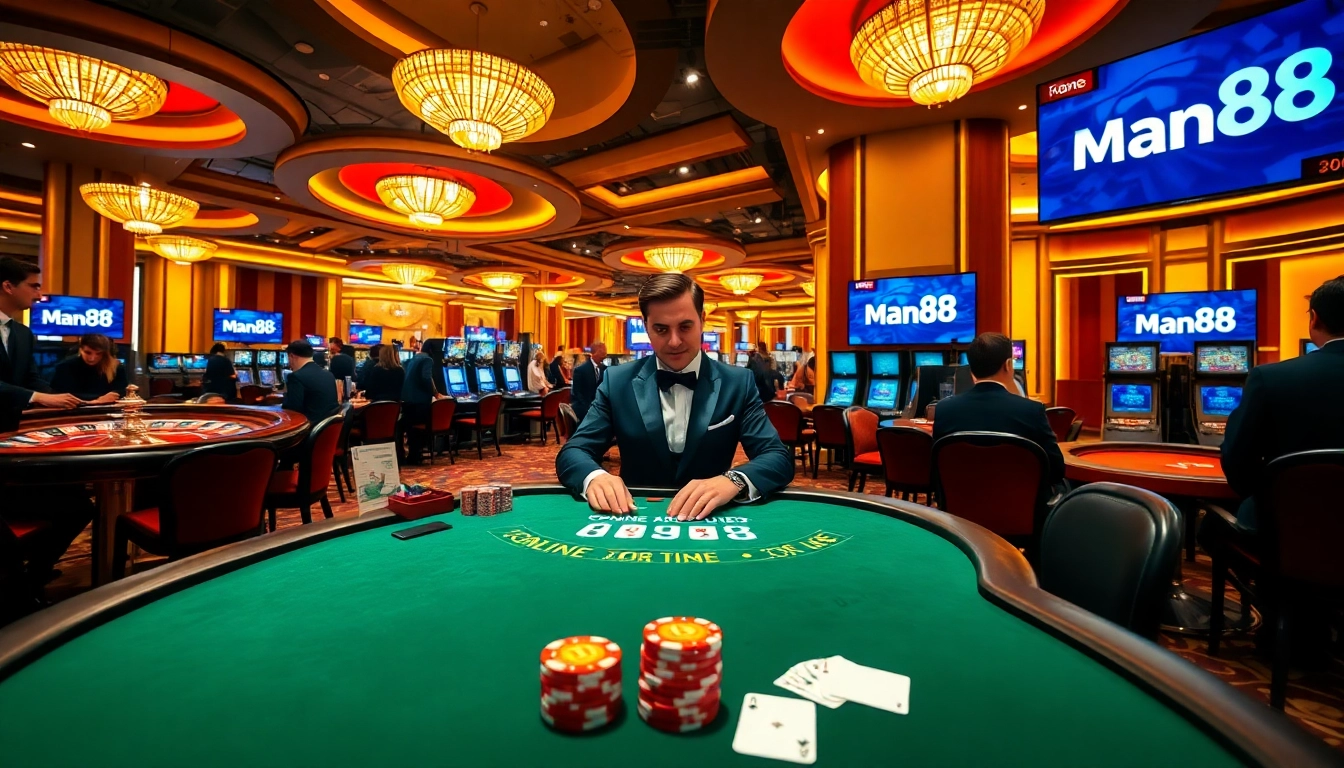 Players enjoying a thrilling game at a high-stakes Man88 casino table with chips and cards.