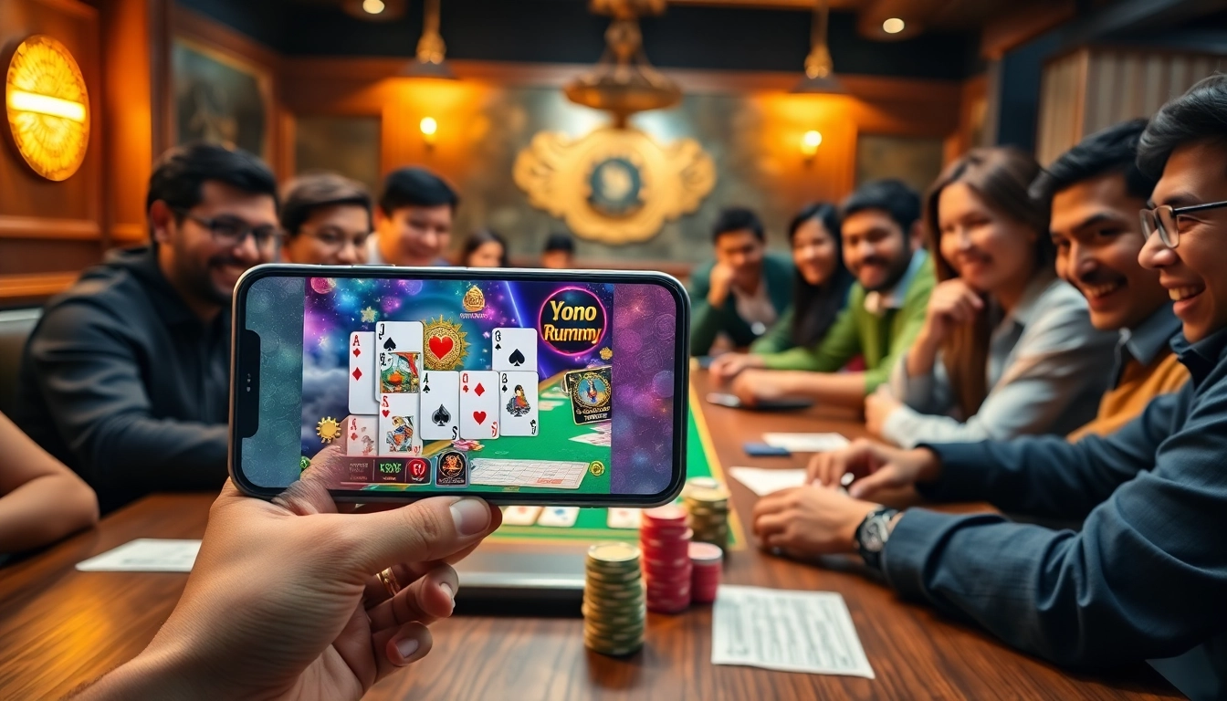 Excited players engaging in Yono Rummy on a smartphone, showcasing vibrant gaming elements.