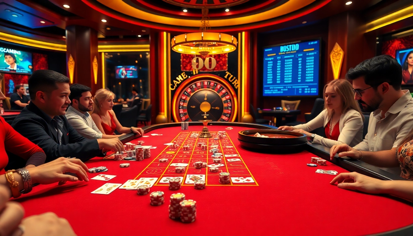 Engaging gamebai table with vibrant chips and cards in a luxurious casino environment.