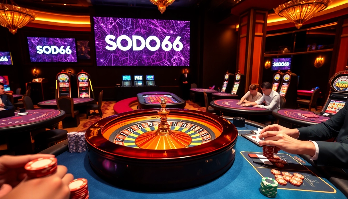 SODO66 gaming experience with vibrant roulette wheel and poker tables, capturing excitement and luxury.