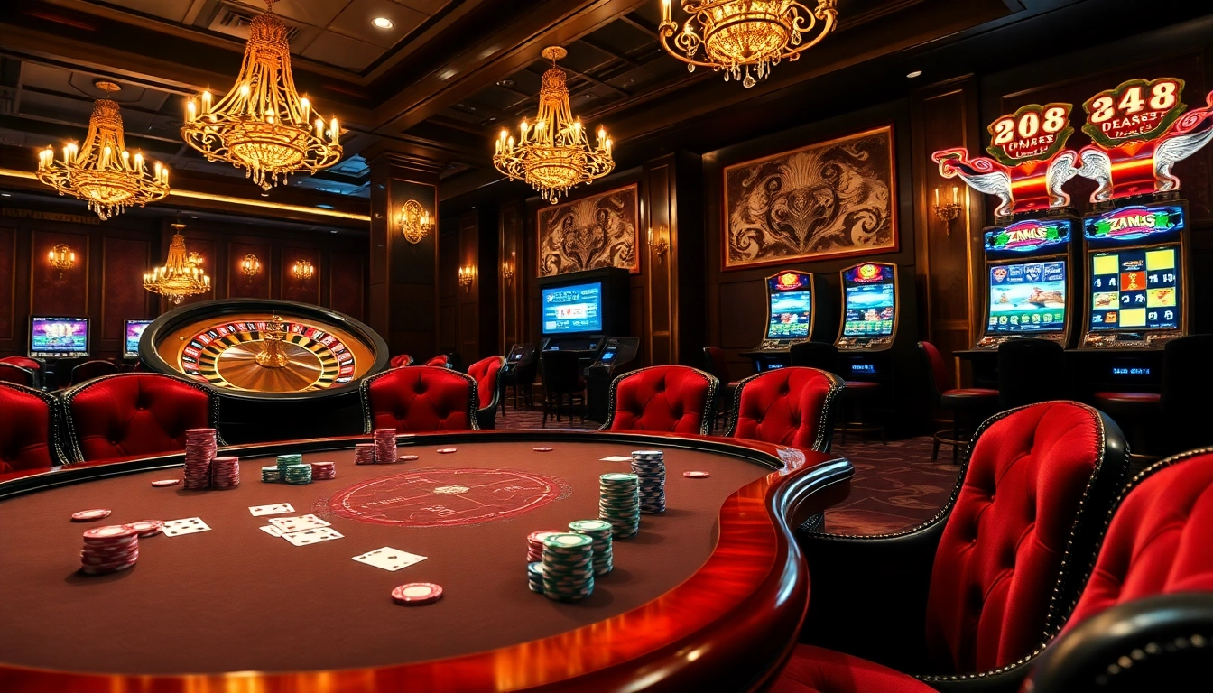 Experience the thrill of gambling at the luxurious ZX88 casino with poker tables and vibrant slot machines.