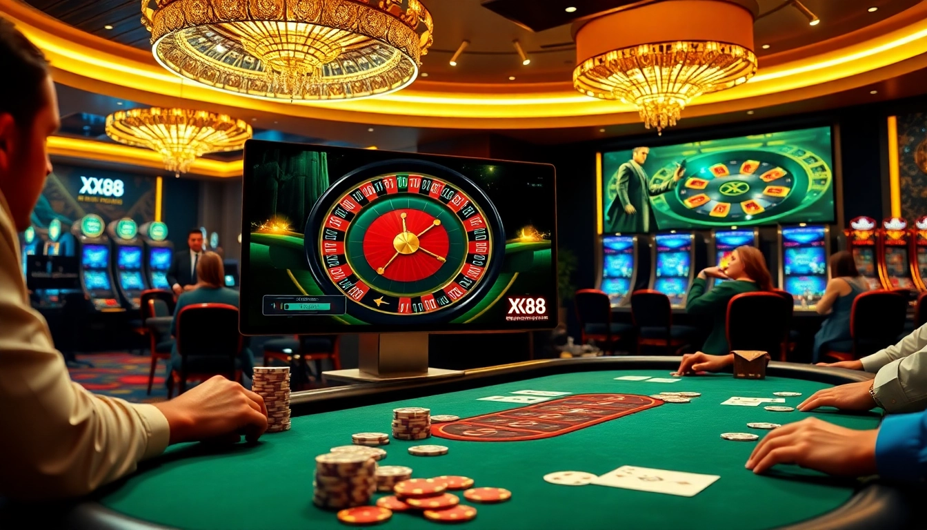Engage in thrilling poker games at XX88 with luxurious casino ambiance and high stakes excitement.