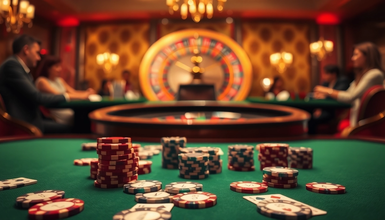 Players enjoying a thrilling game at the luxurious 32WIN casino table featuring poker chips and cards.