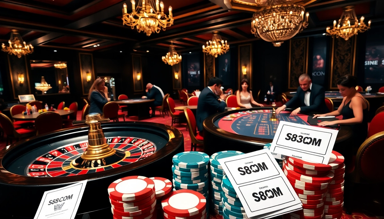 Engaging gamblers at a luxurious online casino scene with S8.COM betting slips.