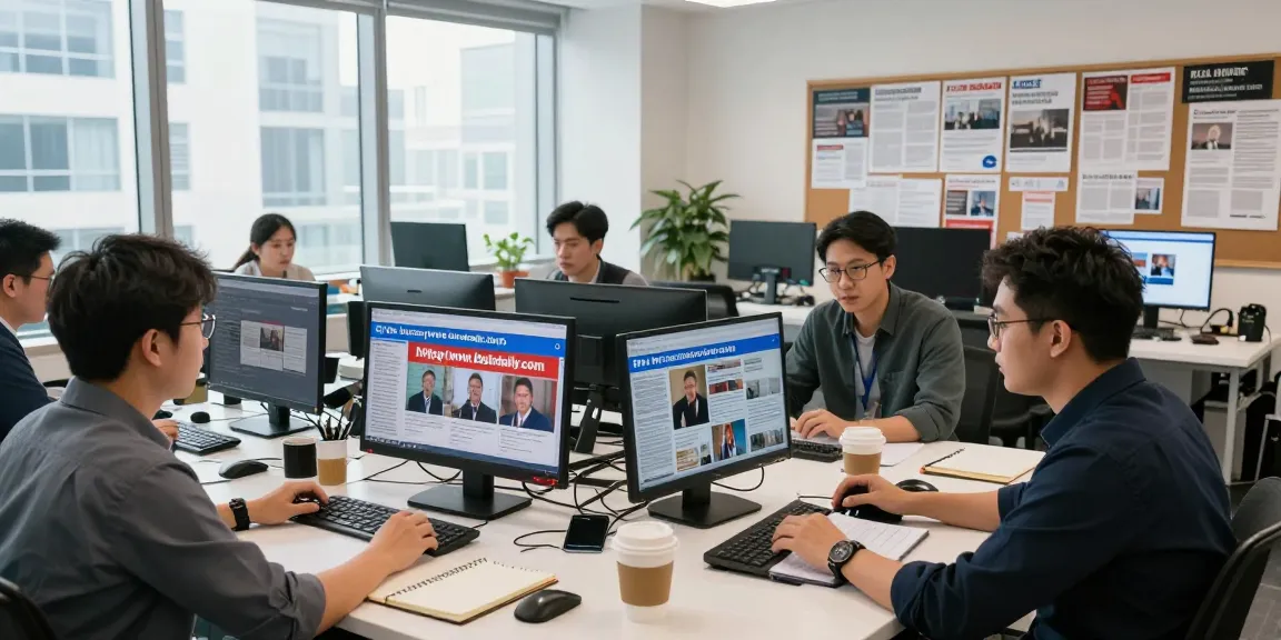 Dynamic newsroom scene of journalists discussing breaking news from https://www.theindaily.com, capturing vibrant editorial collaboration.